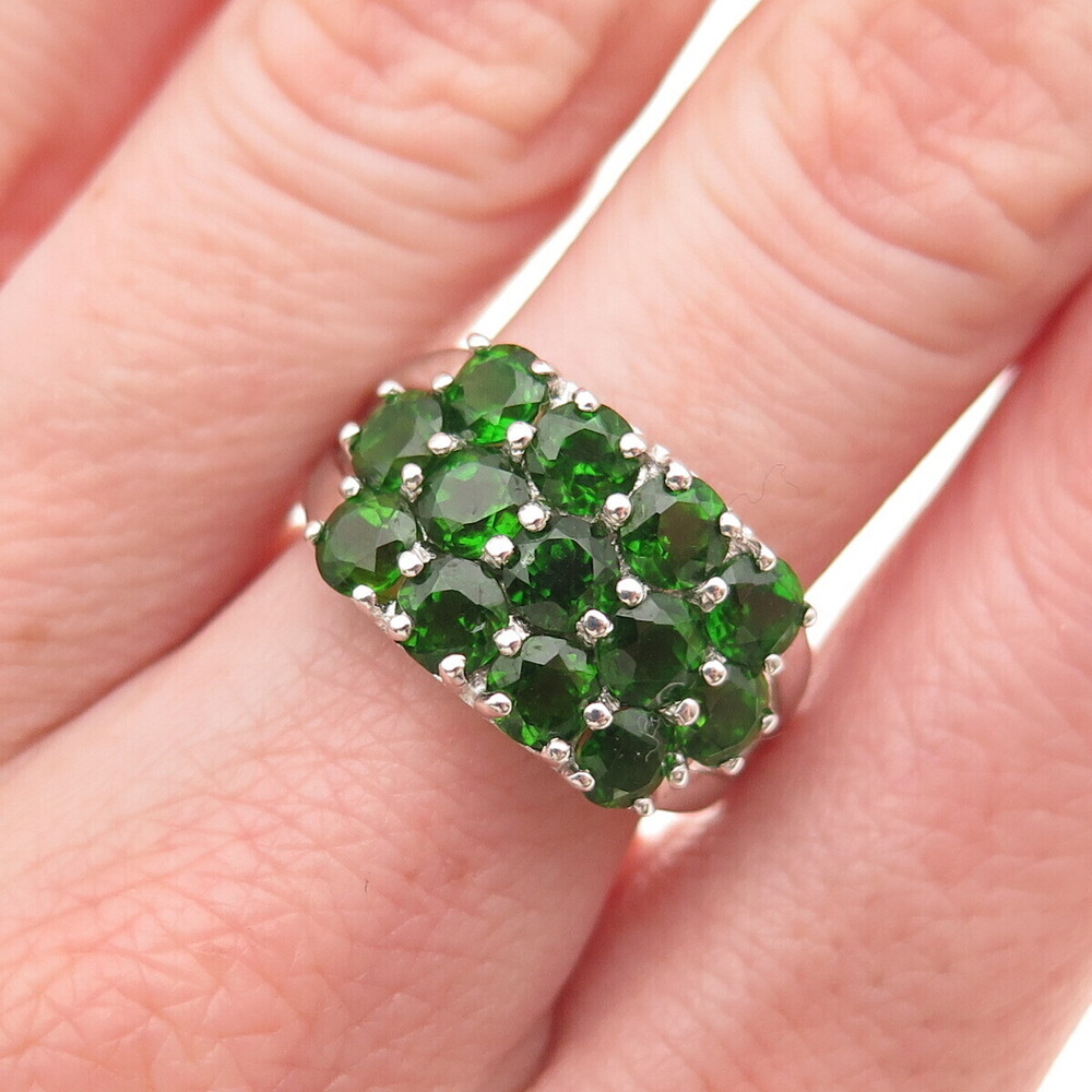 925 Sterling Silver Real Round-Cut Peridot Cluster Ring Size 7